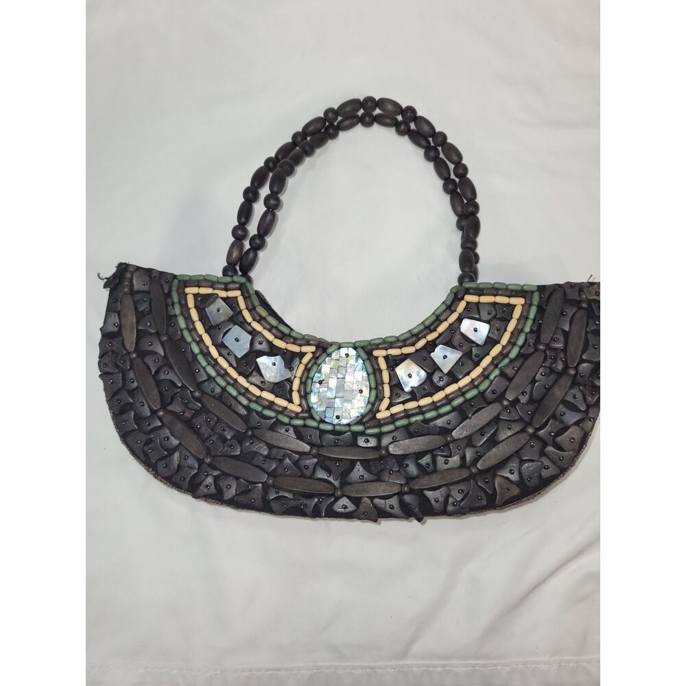 Sun N Sand Womens Wood Beaded Purse Handle/Shell Design/Glass Beads on Outside